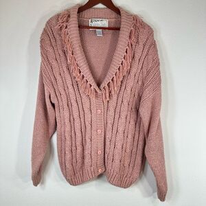 Vintage Golden Touch Pink Cable Knit Tassel Trim Cardigan Sweater Womens 22W